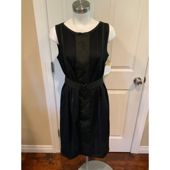 AKRIS Punto Black & Navy Blue Textured Belted Shift Dress Size 12 NWT! $1290